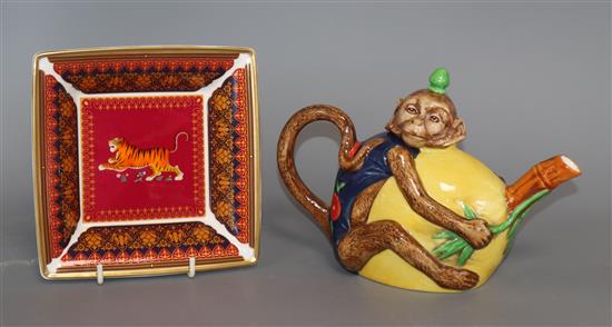 A Minton Archive Collection Monkey Teapot, No. 84/1793 and a Royal Worcester Jaipur tiger dish (2, boxed)